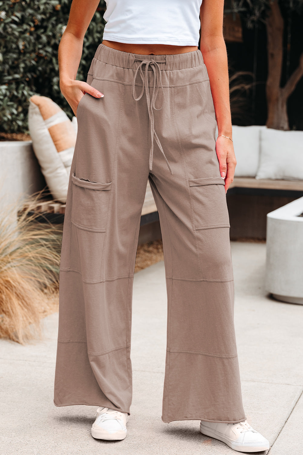 Smoke Gray Mineral Wash Exposed Seam Drawstring Elastic Waistband Wide Leg Cargo Pants Pants & Culotte f04335f8db86ee41