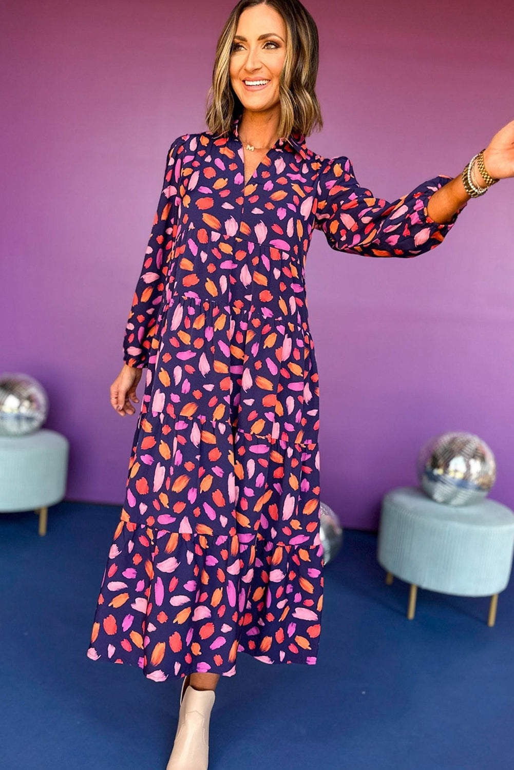 Purple Floral Print Collared Tiered Flowy Long Dress Maxi Dresses f08839004459699d