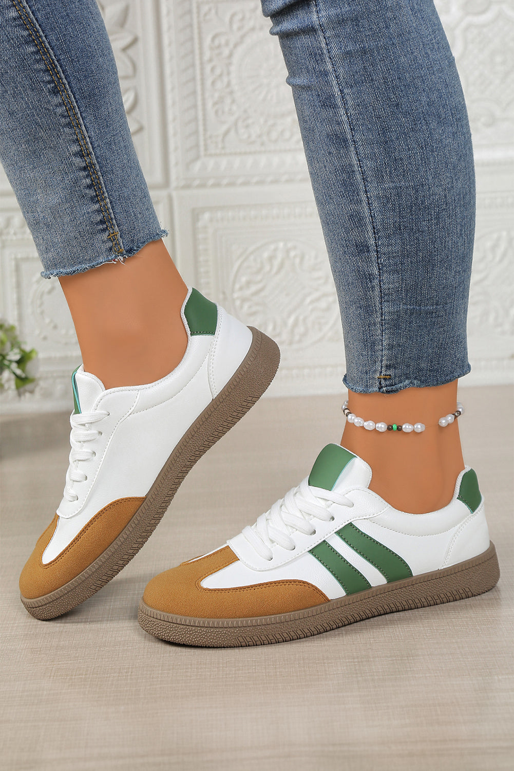 White Faux Leather Lace Up Flat Sneakers Sneakers f0abdfea14dff053