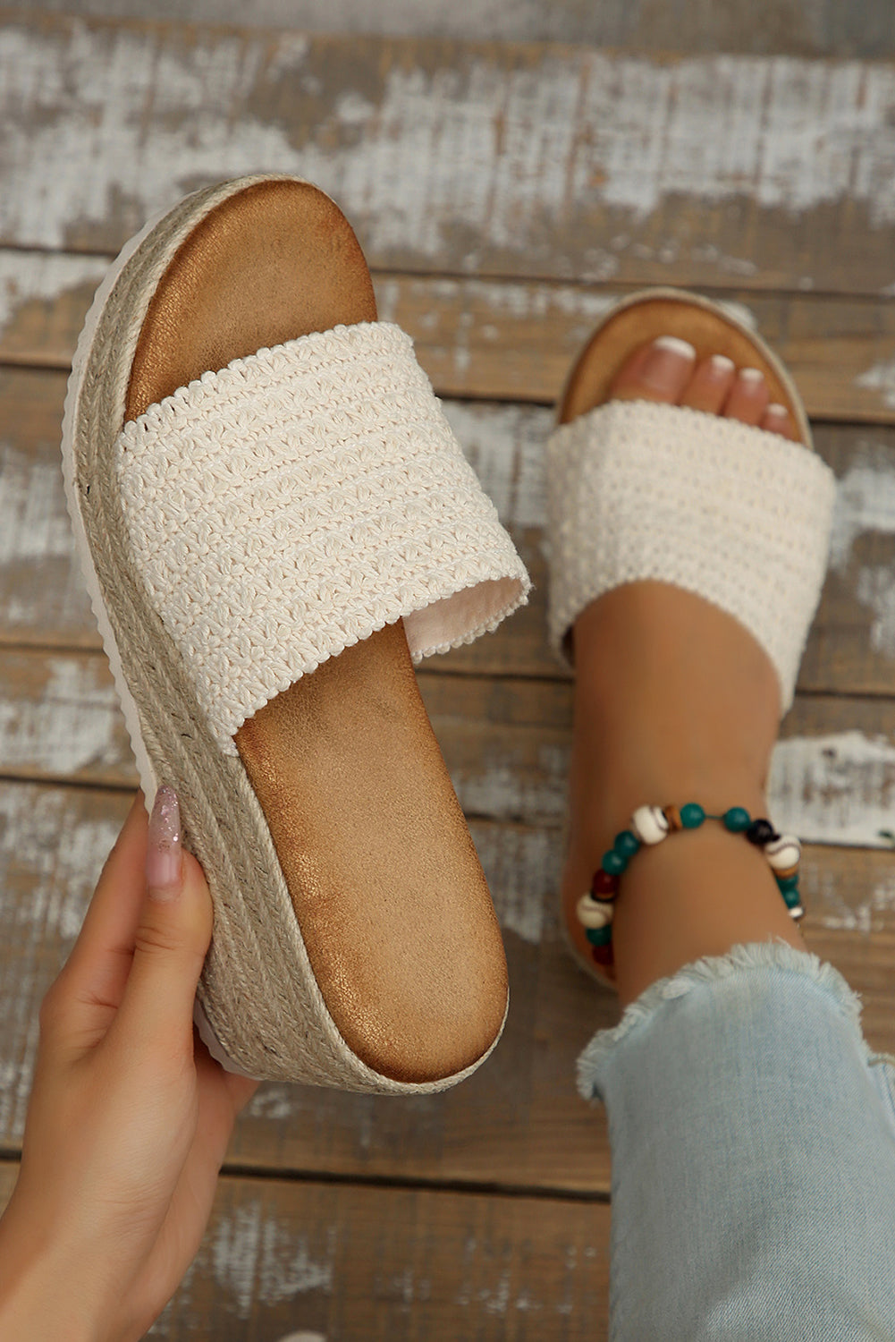 White Boho Woven One Band Wedge Slippers Slides Shoes + Flip Flops f0b1313e44447e2b