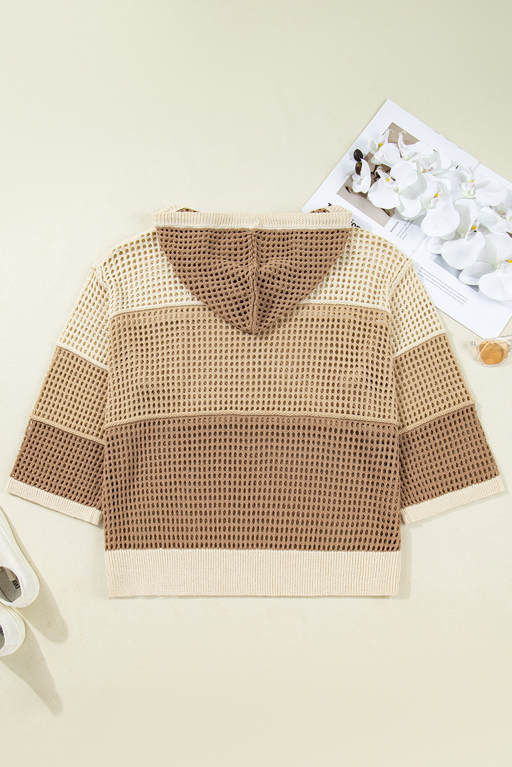 Parchment Colorblock Hollowed Knit Plus Size Hooded Jumper Sweater Plus Size Sweaters & Cardigans f0e3f759dcc9b6fc