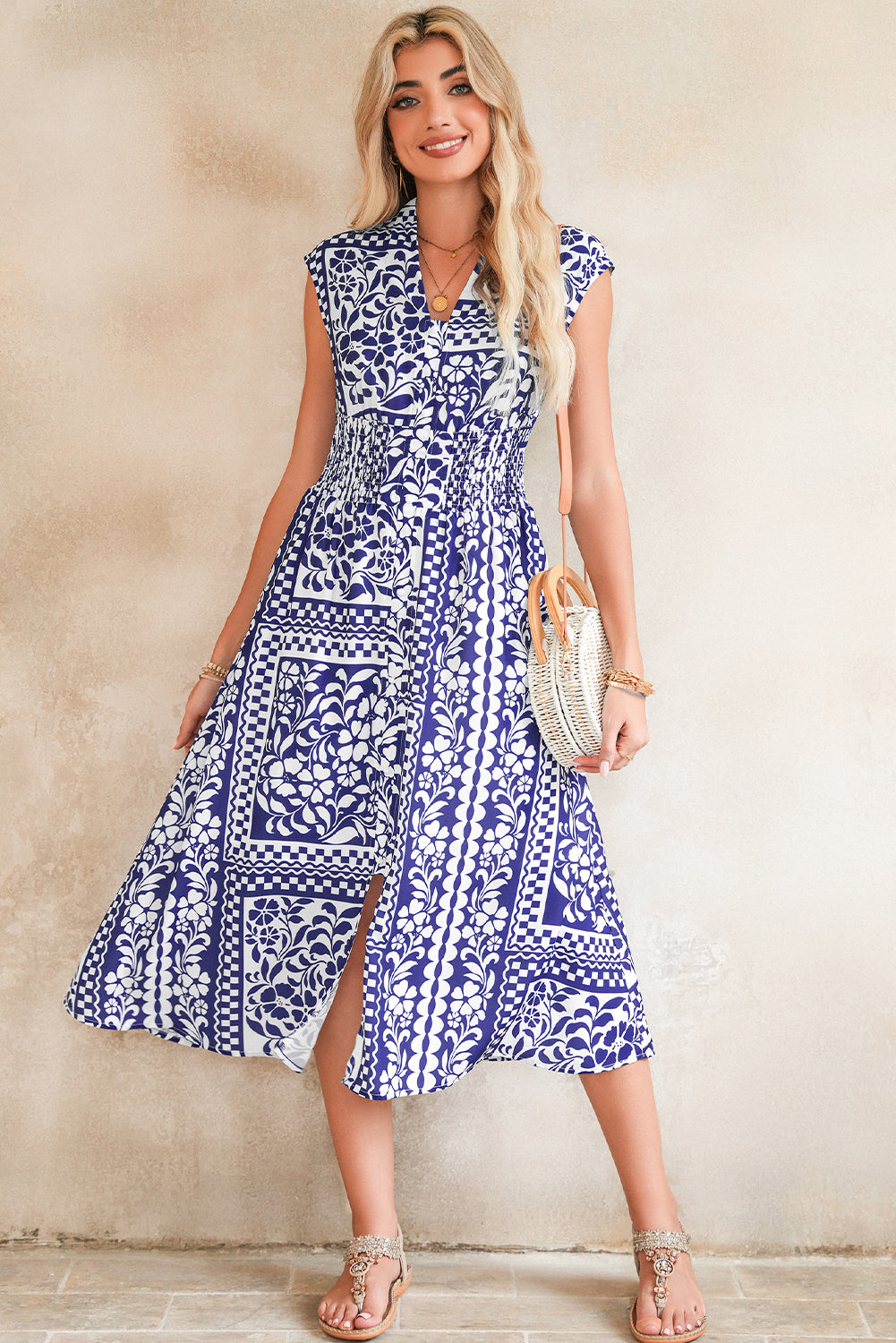 Dirty Blue Floral Print Smocked Waist Sleeveless Dress Midi Dresses f17f2b6e9a429f9d