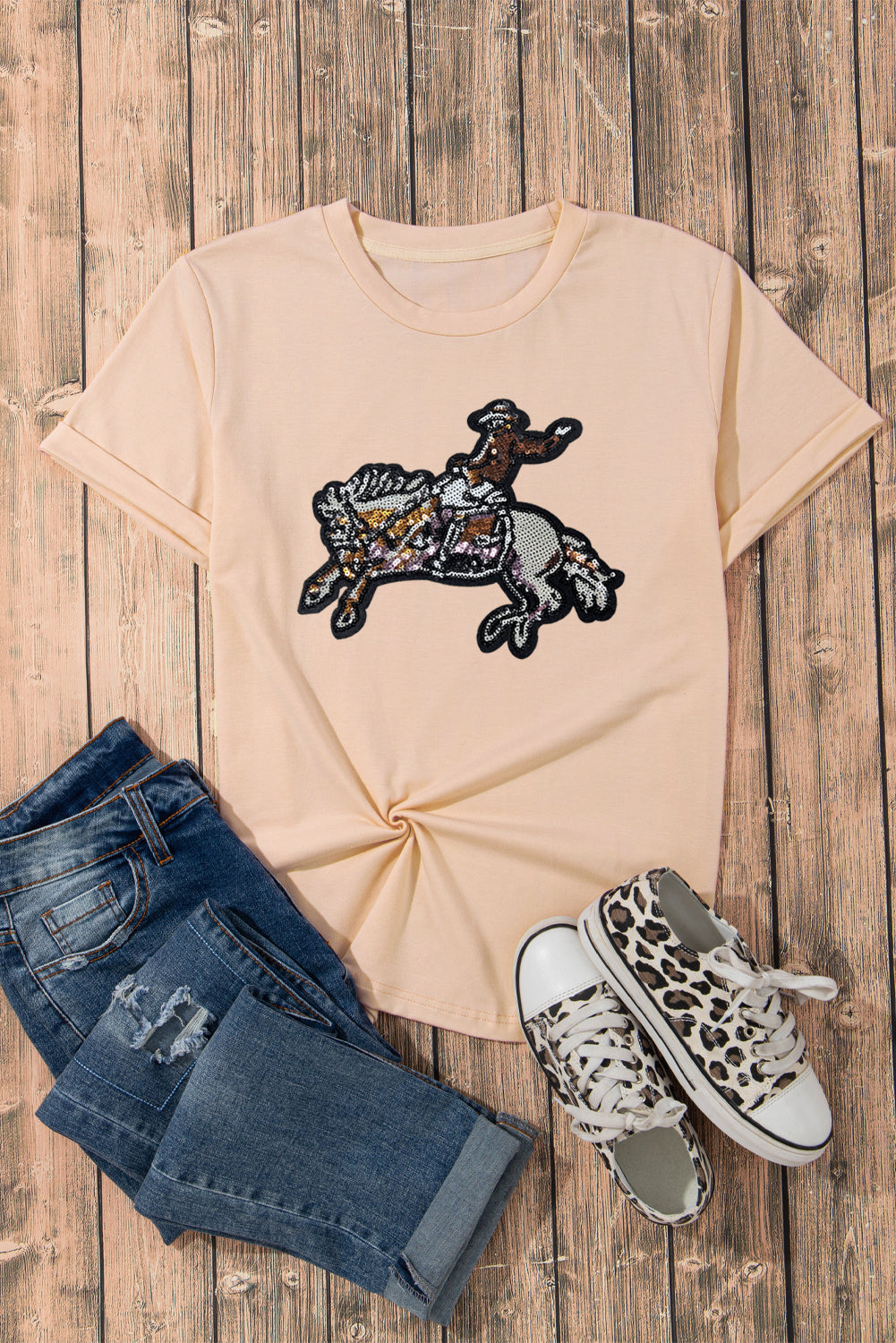 Khaki Rodeo Sequins Patch Graphic Crewneck Tee Graphic Tees f1811cc9c6ebec25