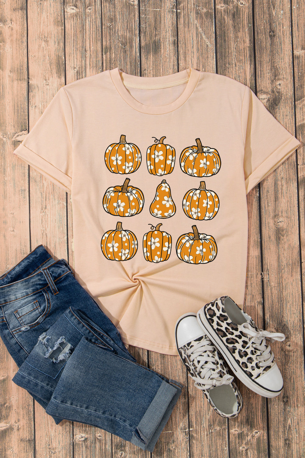 Khaki Fall Floral Pumpkin Heat Transfer Printing Casual Graphic T Shirt Graphic Tees f18559f9d6226800