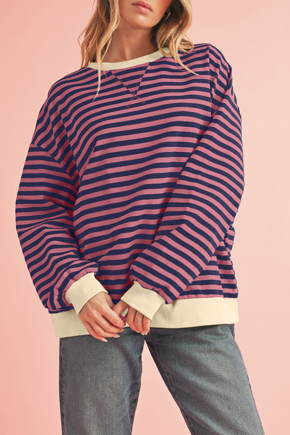 Blue Stripe Contrast Edge Cross Seam Oversized Pullover Sweatshirts & Hoodies f194acbb2a409f74