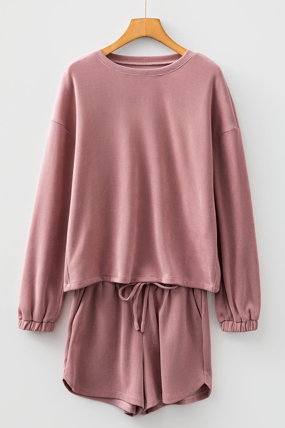 Fushia Textured Knit Drop Shoulder Pullover Drawstring Shorts Set Two Piece Shorts Sets f1e8f8ef7f418f58