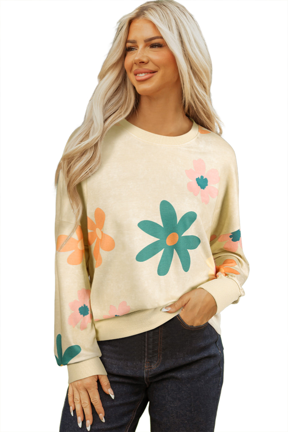 Khaki Flower Print Drop Shoulder Mineral Wash Sweatshirt Sweatshirts & Hoodies f26030cc2f7d4c88