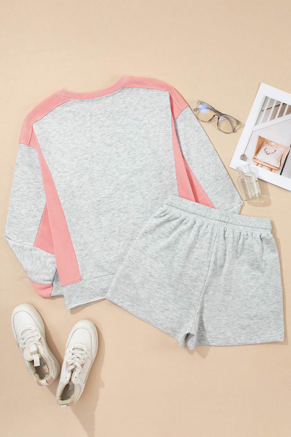 Light Grey Colorblock Raw Hem Pullover and Shorts Set Two Piece Shorts Sets f2a8bb29d3c67b3b