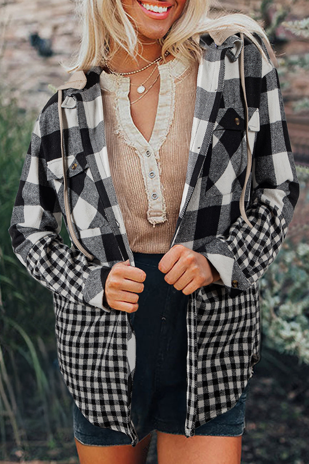 Black Plaid Patchwork Drawstring Hooded Raw Hem Shacket Jackets f2c4c62ff133c12c