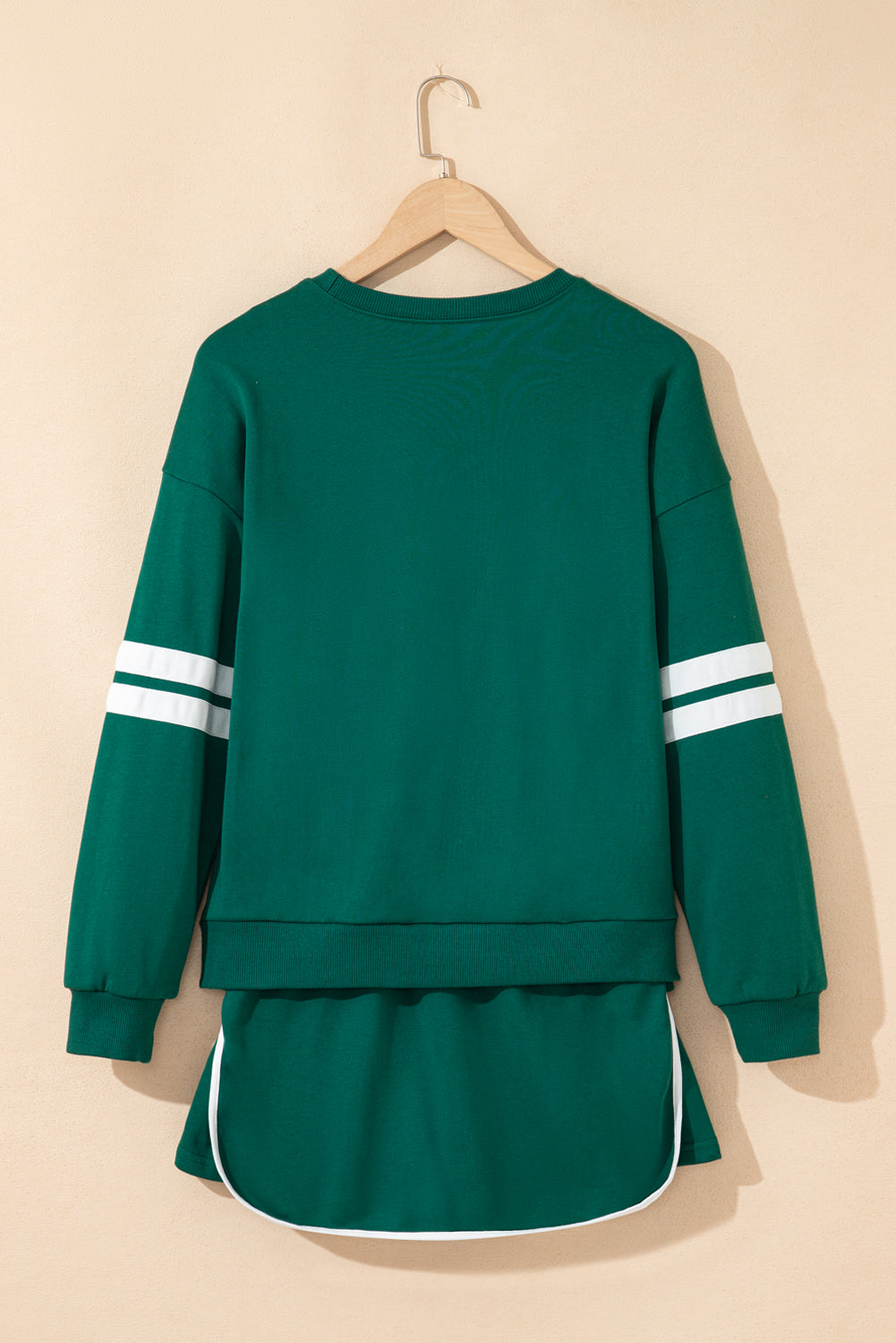 Evergreen Varsity Stripe Detail Drop Shoulder Pullover Mini Skort Set Two Piece Shorts Sets f2e1474c95979ac7