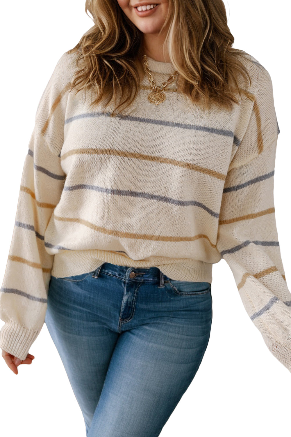 Multicolour Striped Drop Shoulder Plus Size Sweater Plus Size Sweaters&Cardigans f30c1b6e807bb8a4