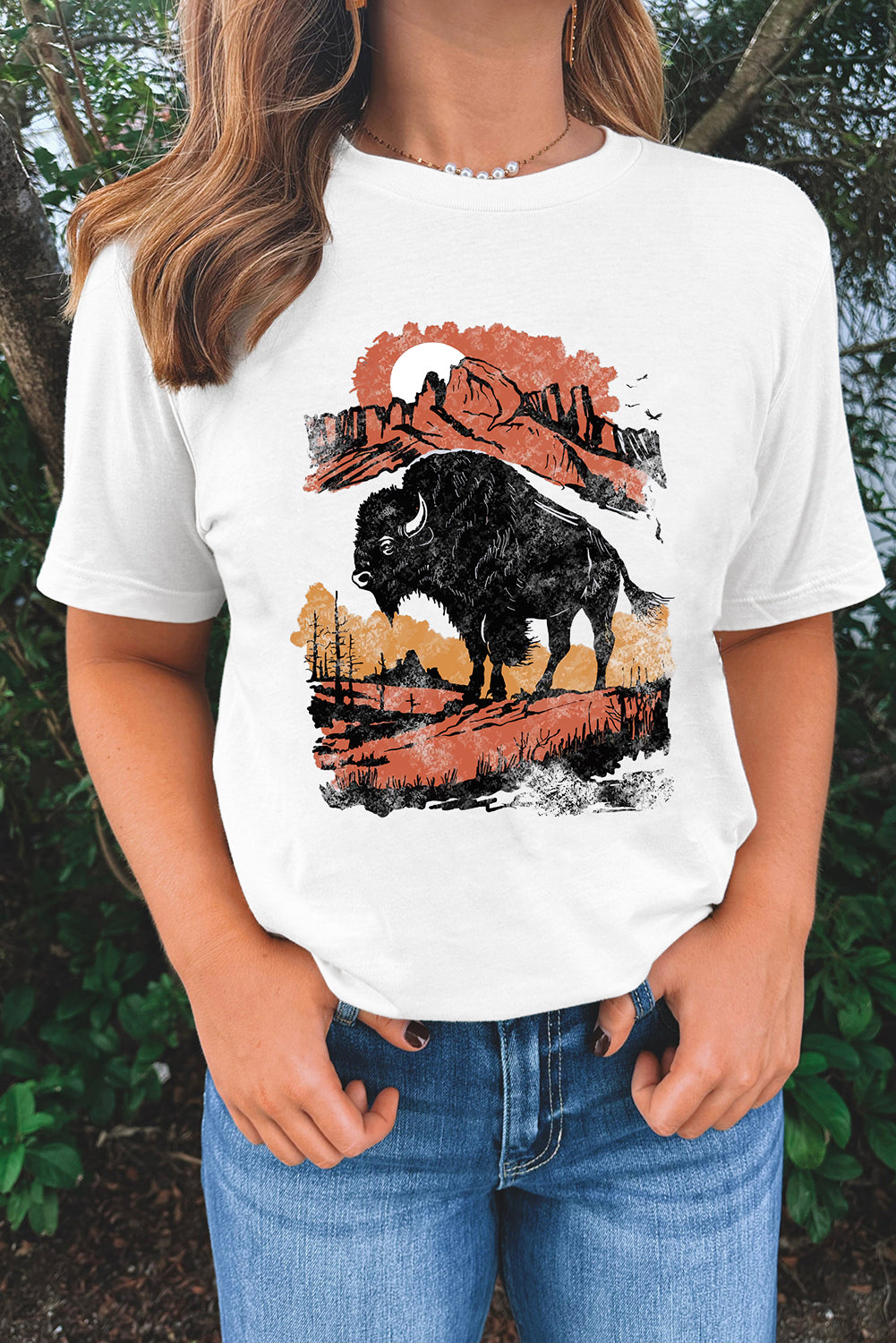White Western Buffalo On Plains Heat Transfer Printing Graphic Crew Neck Tee Graphic Tees f3faee178d8a001d