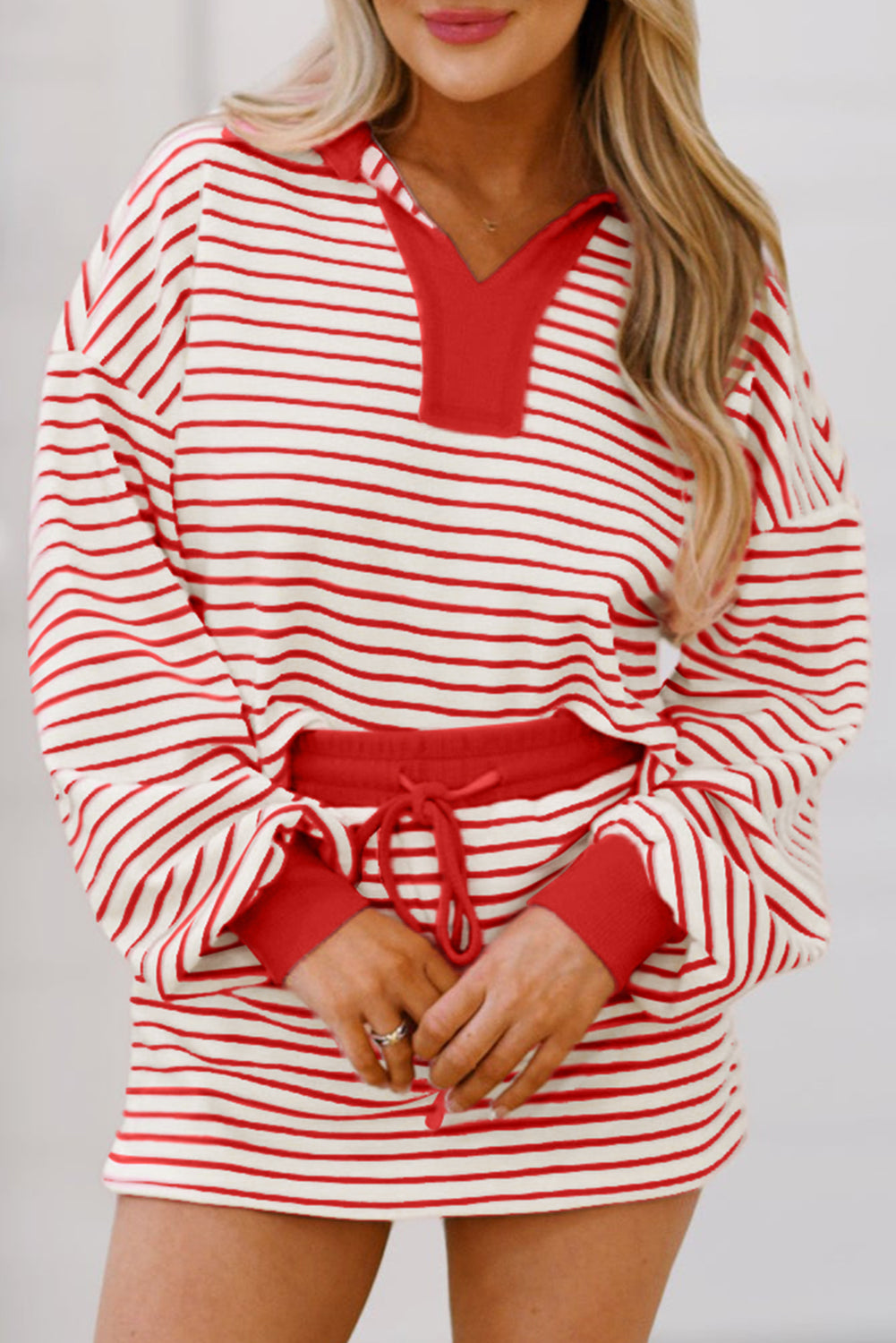 Red Stripe Collared V Neck Drop Shoulder Pullover and Skirt Set Two Piece Skirt Sets f40877a411dea569