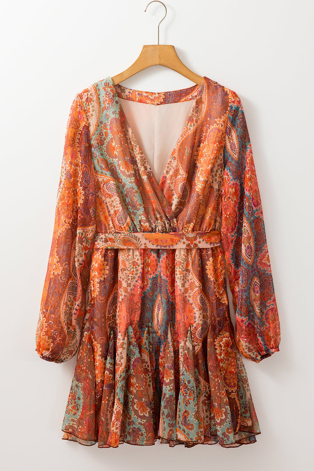 Orange Boho Paisley Print Long Sleeve Pleated Belted Mini Dress Short Dresses f462f44ba9add594