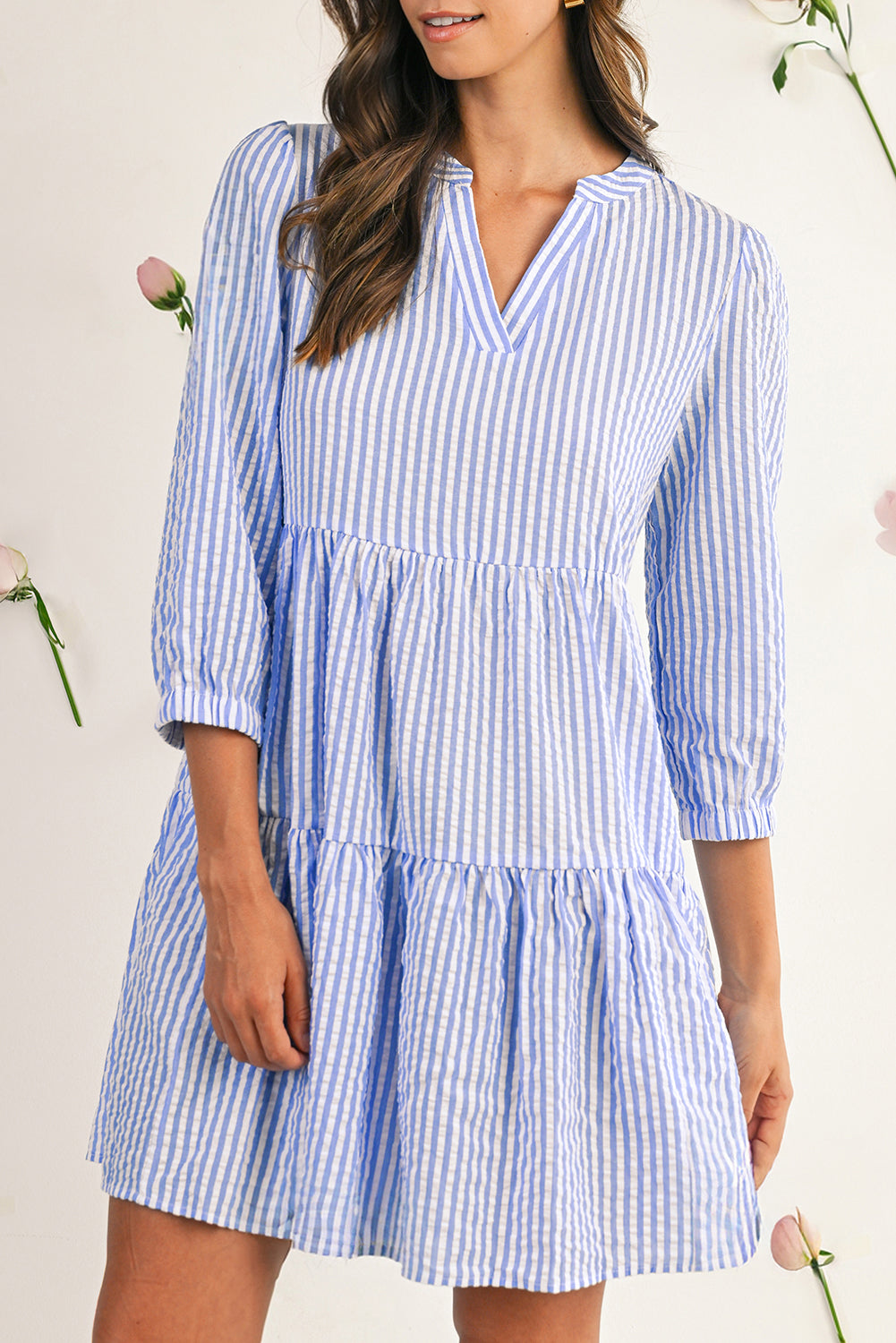 Sky Blue Striped Textured Bracelet Sleeve Tiered Mini Dress Short Dresses f4730286a17f050c