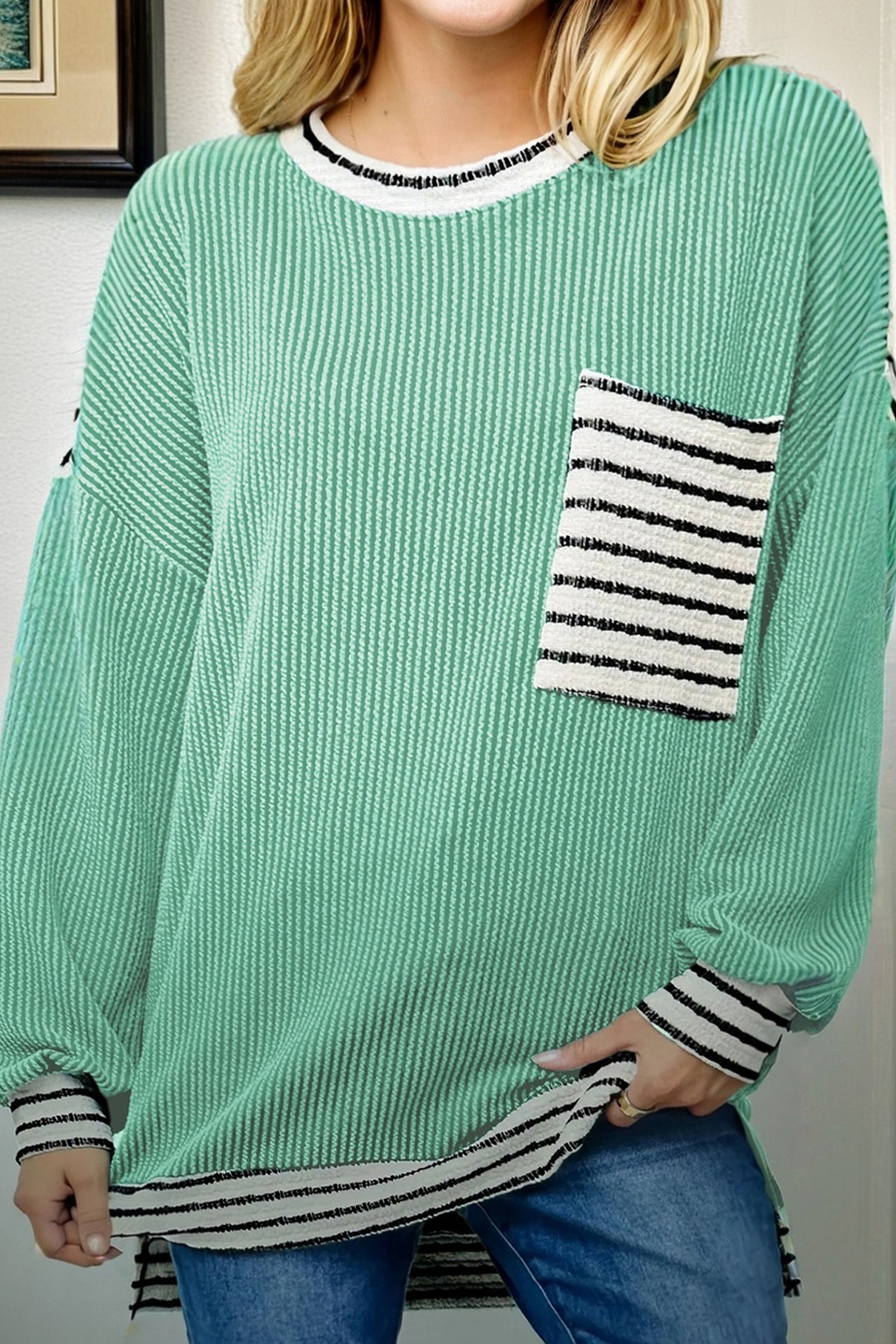 Sea Green Twisted Ribbed Contrast Round Neck Striped Patchwork Long Sleeve Top Long Sleeve Tops f482a94fb0bd4d36