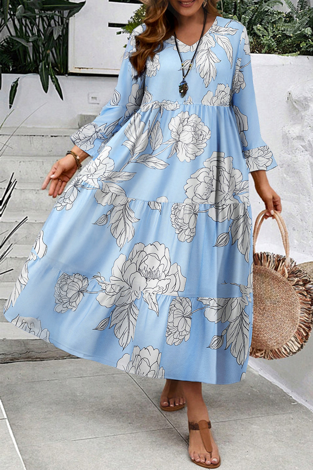 Sky Blue Floral Bell Sleeve V Neck Plus Size Tiered Maxi Dress Plus Size Dresses f4a2d1c53d62920a