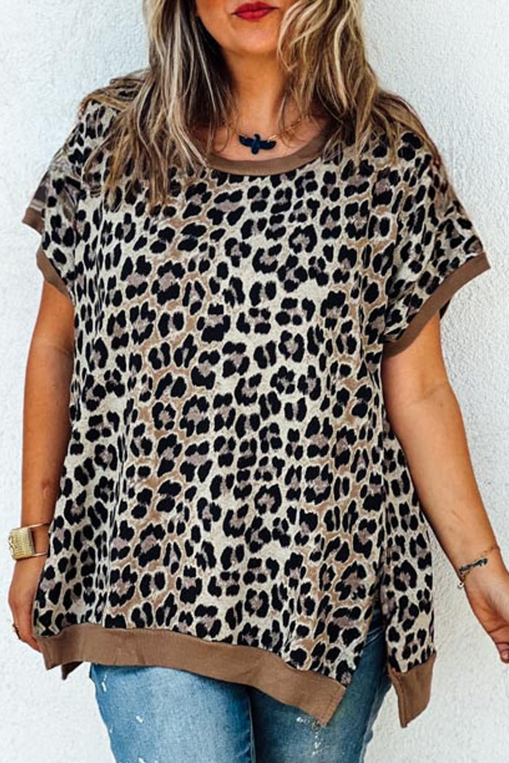 Khaki Leopard Contrast Trim Short Sleeve Loose Plus Size Top Plus Size Tops f4d889df7ba8ef12