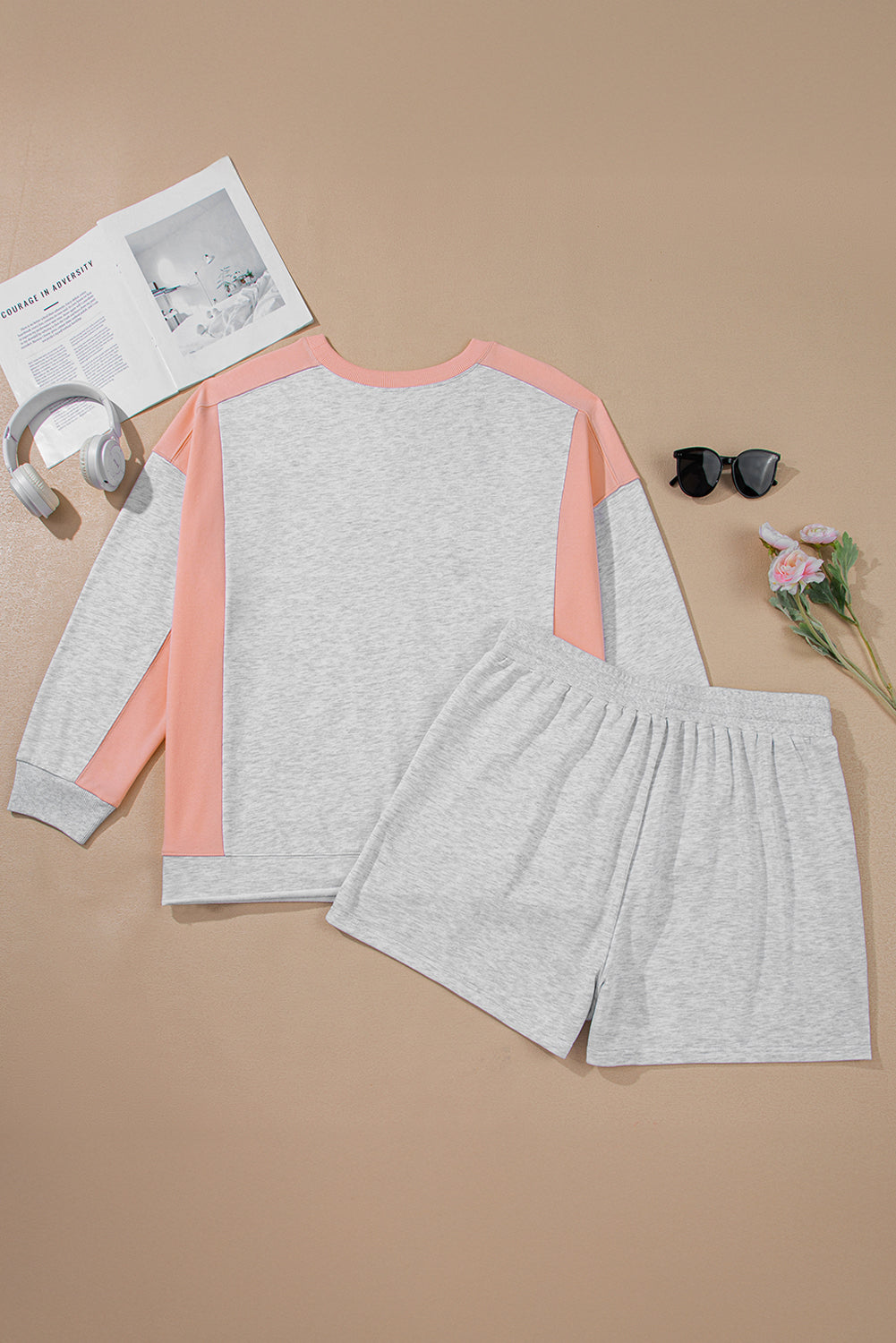 Light Grey Uneven Hem Colorblock Patchwork Pullover Shorts Plus Size 2pcs Outfit Plus Size Matching Sets f4f93c6870ec83b2