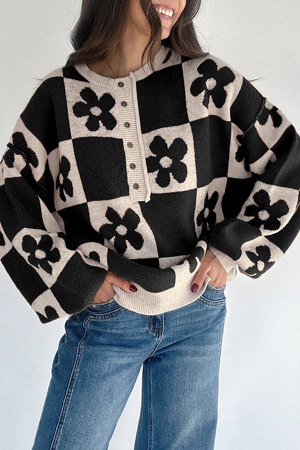 Black Flower Colorblock Checkered Henley Sweater Sweaters f4fdea418a7f047d