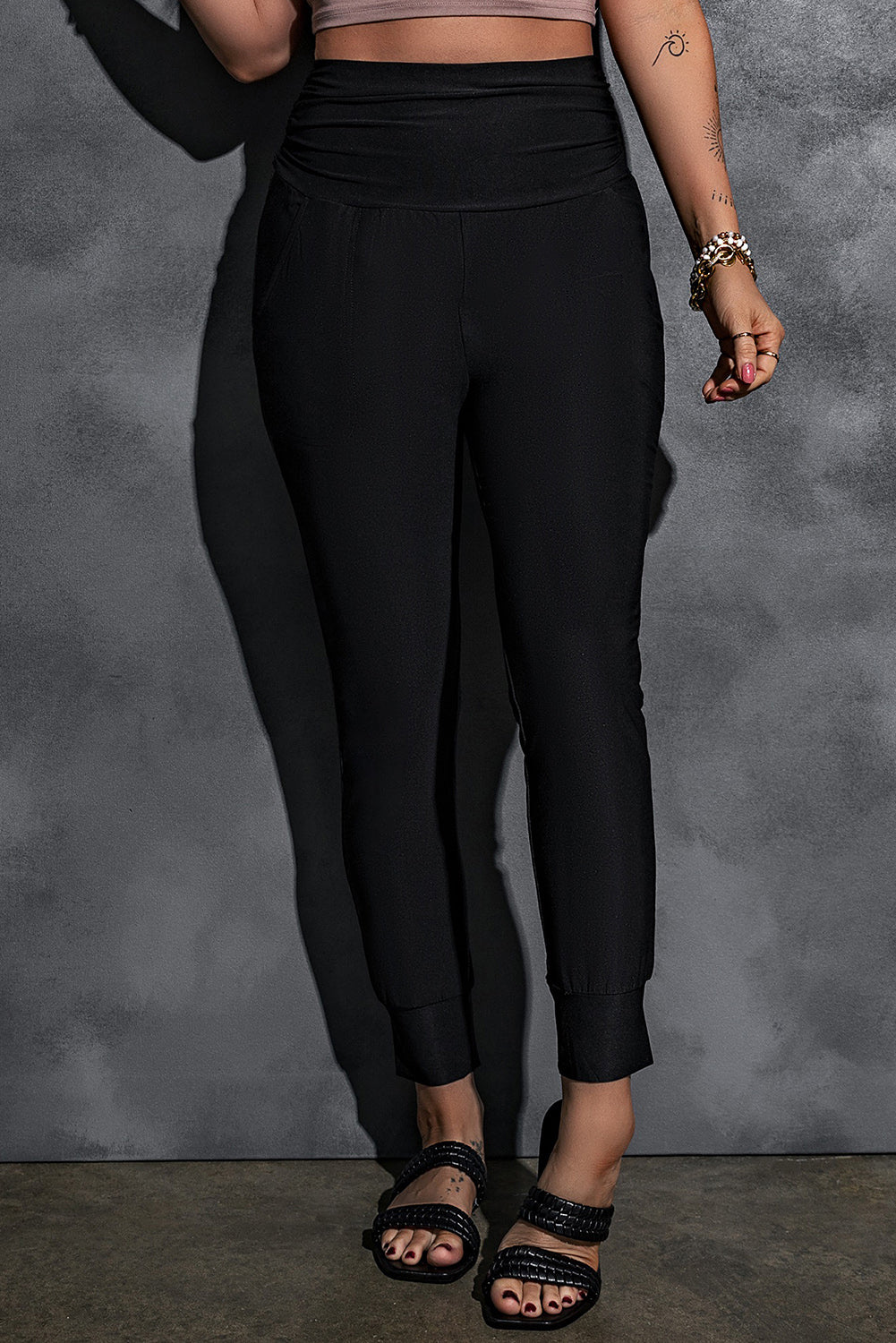 Black Pleated Casual Pocket High Waisted Leggings Leggings f501dd02e9e78abc