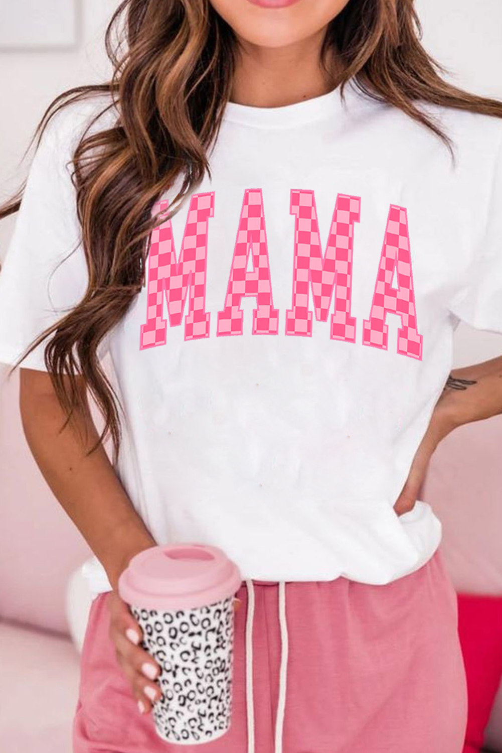 White Checkered MAMA Letter Heat Transfer Printing Graphic T Shirt Graphic Tees f5036e87d1e9a4b7