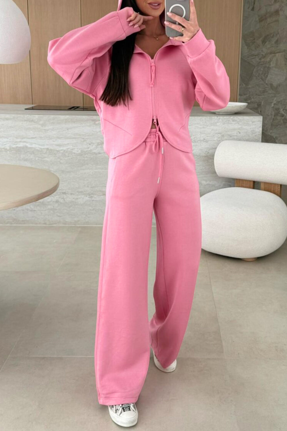 Pink Solid Color Zip Up Hoodie Drawstring Loose Pants Set Two Piece Pants Sets f5178b858b5ca36d