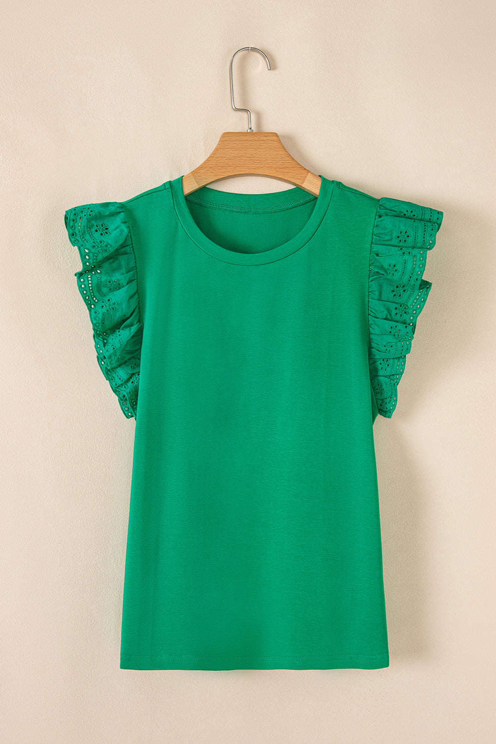 Dark Green Embroidered Ruffle Slim Fit Crew Neck Top Sleeveless Shirts f521c28e352fa3a7