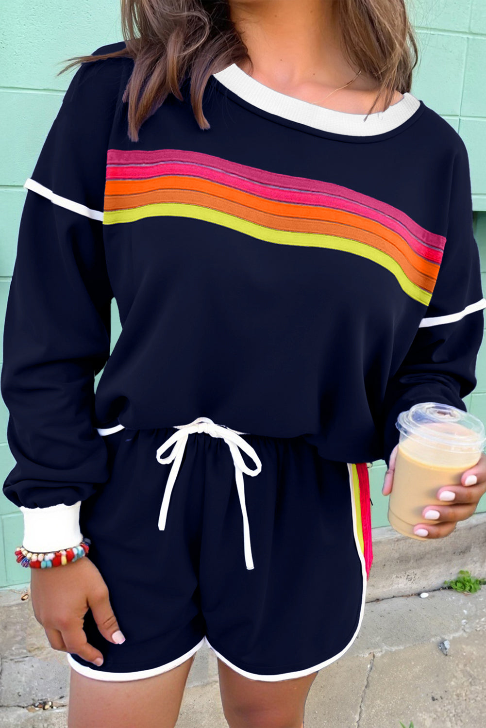 Bluing Colorful Striped Accent Varsity Long Sleeve Pullover and Shorts Matching Set Two Piece Sets f59423cf3f51d4ff