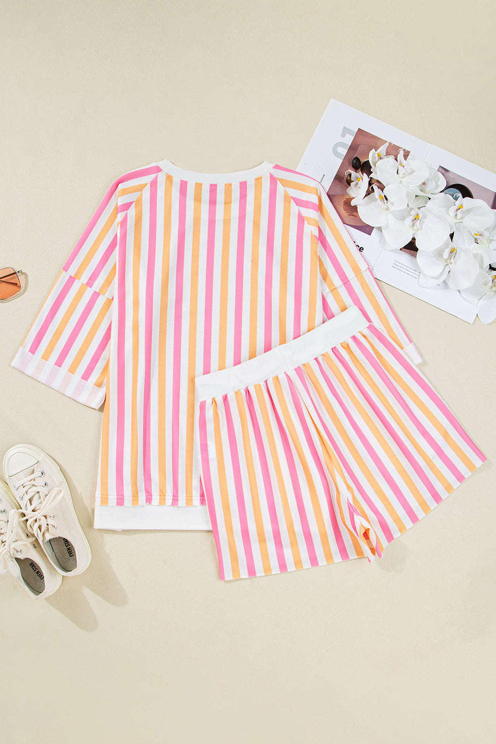 Pink Stripe Drop Shoulder Half Sleeve Loose Tee and Shorts Casual Set Two Piece Shorts Sets f5a3c9e6ca9de270