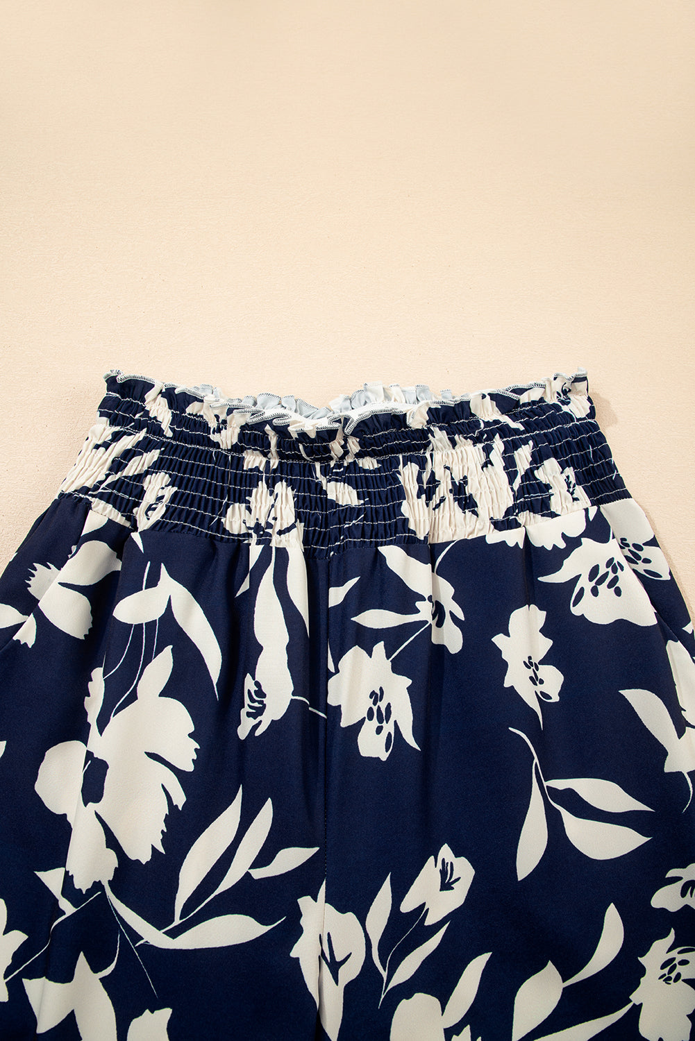 Blue Floral Smocked Frill Waist Wide Leg Pants Pants f6215adfdf68d2f0