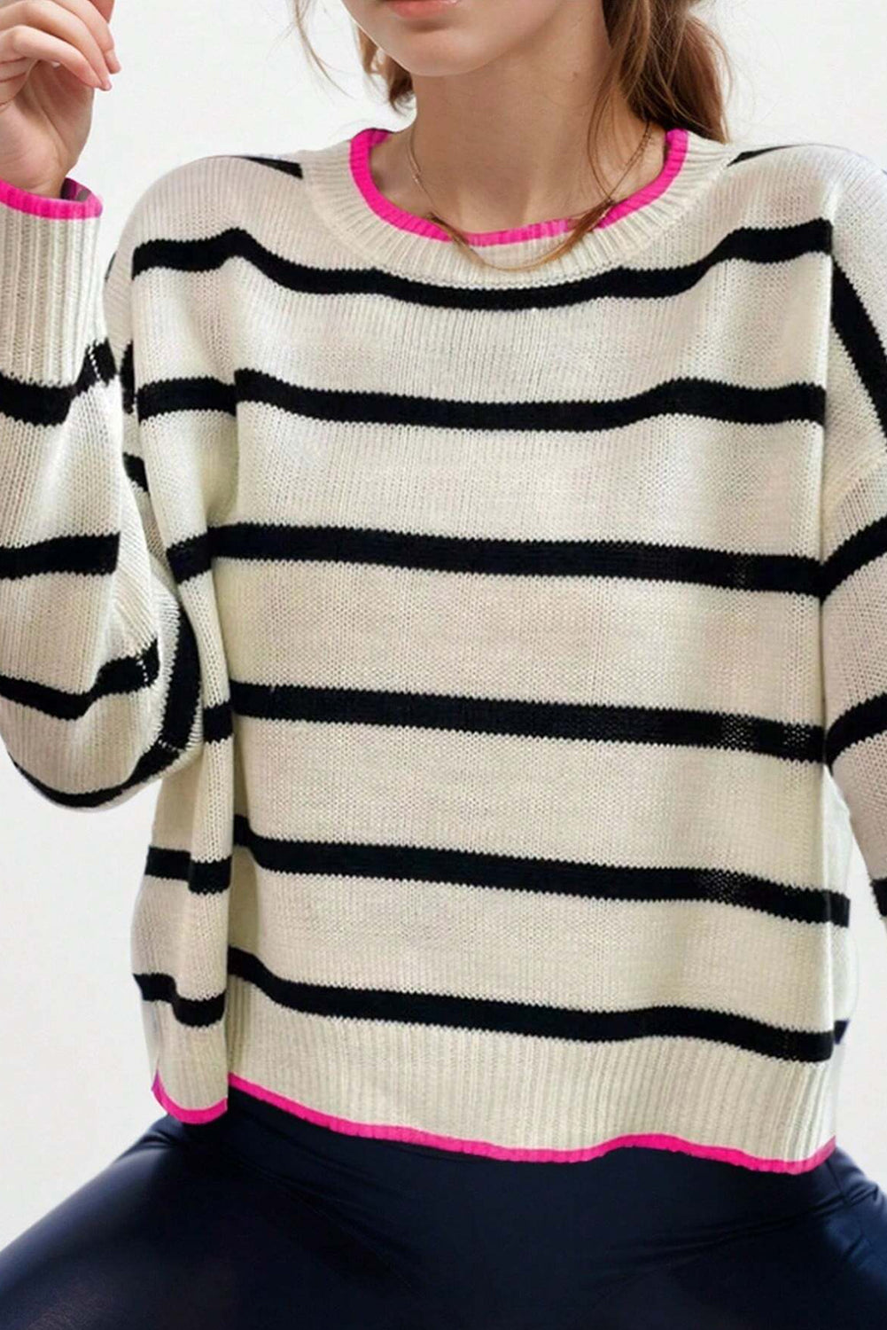 White Stripe Contrast Trim Drop Shoulder Sweater Sweaters f62b8c9a68421cc0