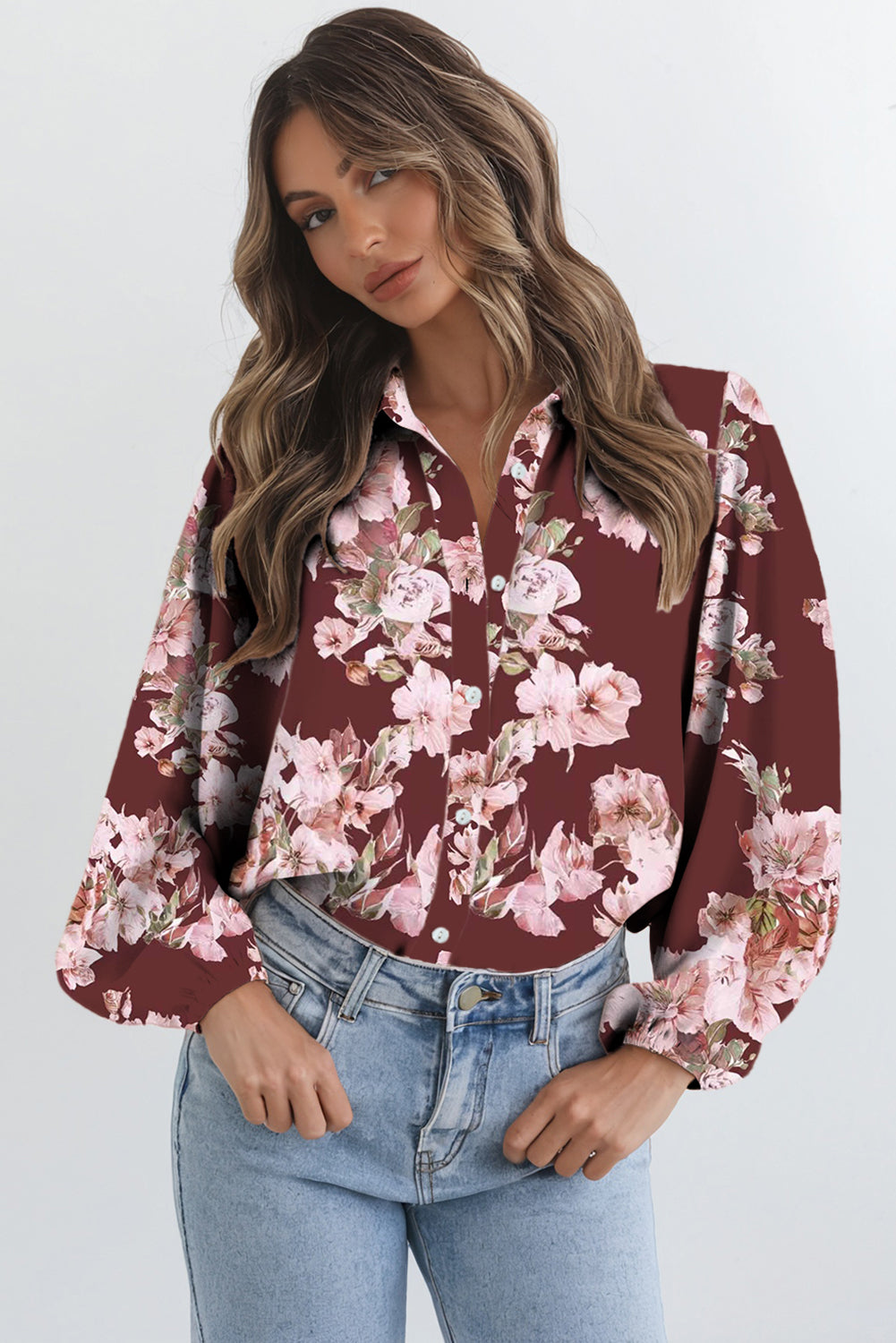 Brown Floral Puff Sleeve Lightweight Shirt Blouses f6314a0b95eb17b9