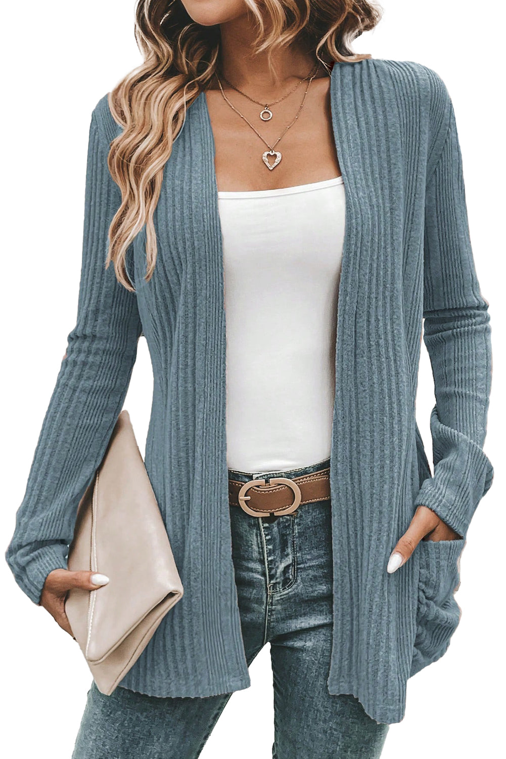 Stone Blue Ribbed Open Front Knitted Top with Pockets Cardigans f635ec5ec3a09f2c