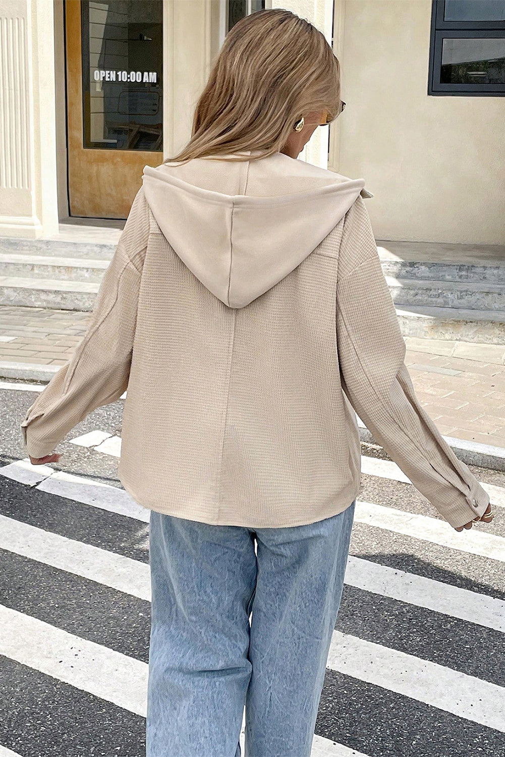 Beige Solid Color Textured Patchwork Flap Pocket Shacket Jackets f6448968f93ee71d