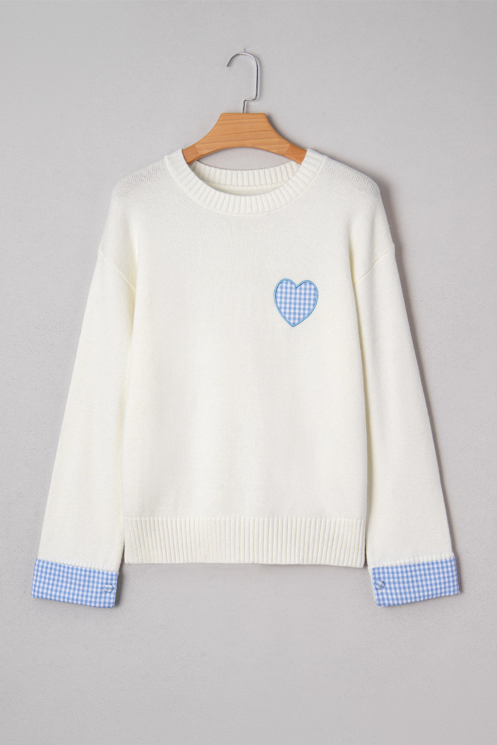 White Plaid Heart Embroidered Cuffed Drop Shoulder Crew Neck Sweater Sweaters f67bfe4e20d537ce