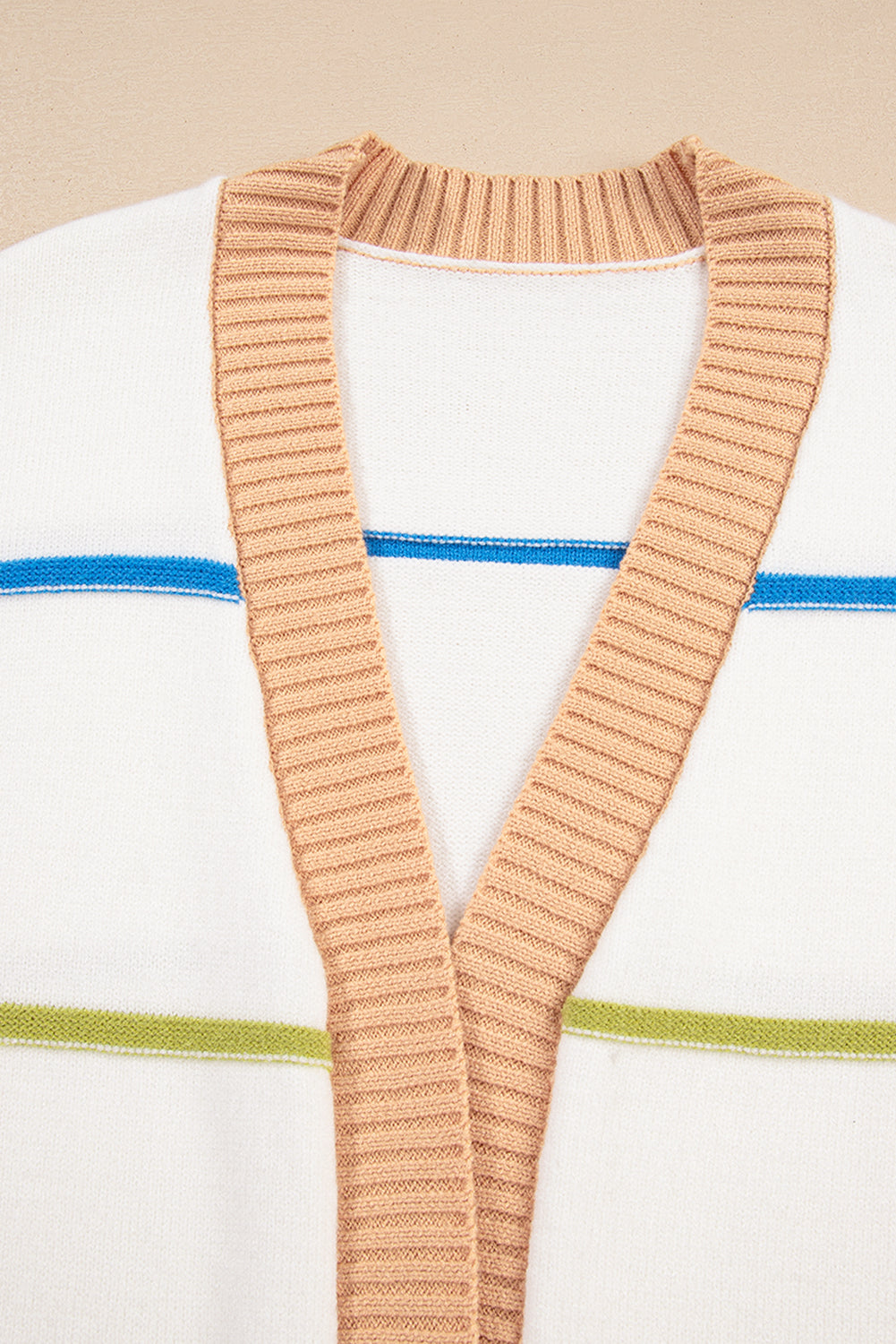 White Color Block Striped Open Front Cardigan With Pocket Cardigans f6880b0f916a1cbc