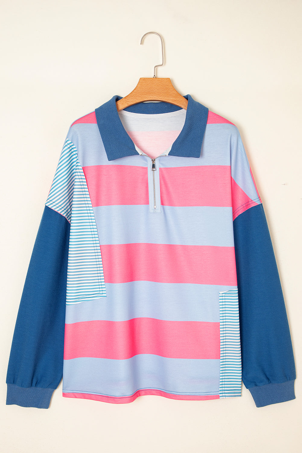 Blue Stripe Colorblock Patchwork Zip-up Plus Size Pullover Plus Size Tops f6da849b9d11044e