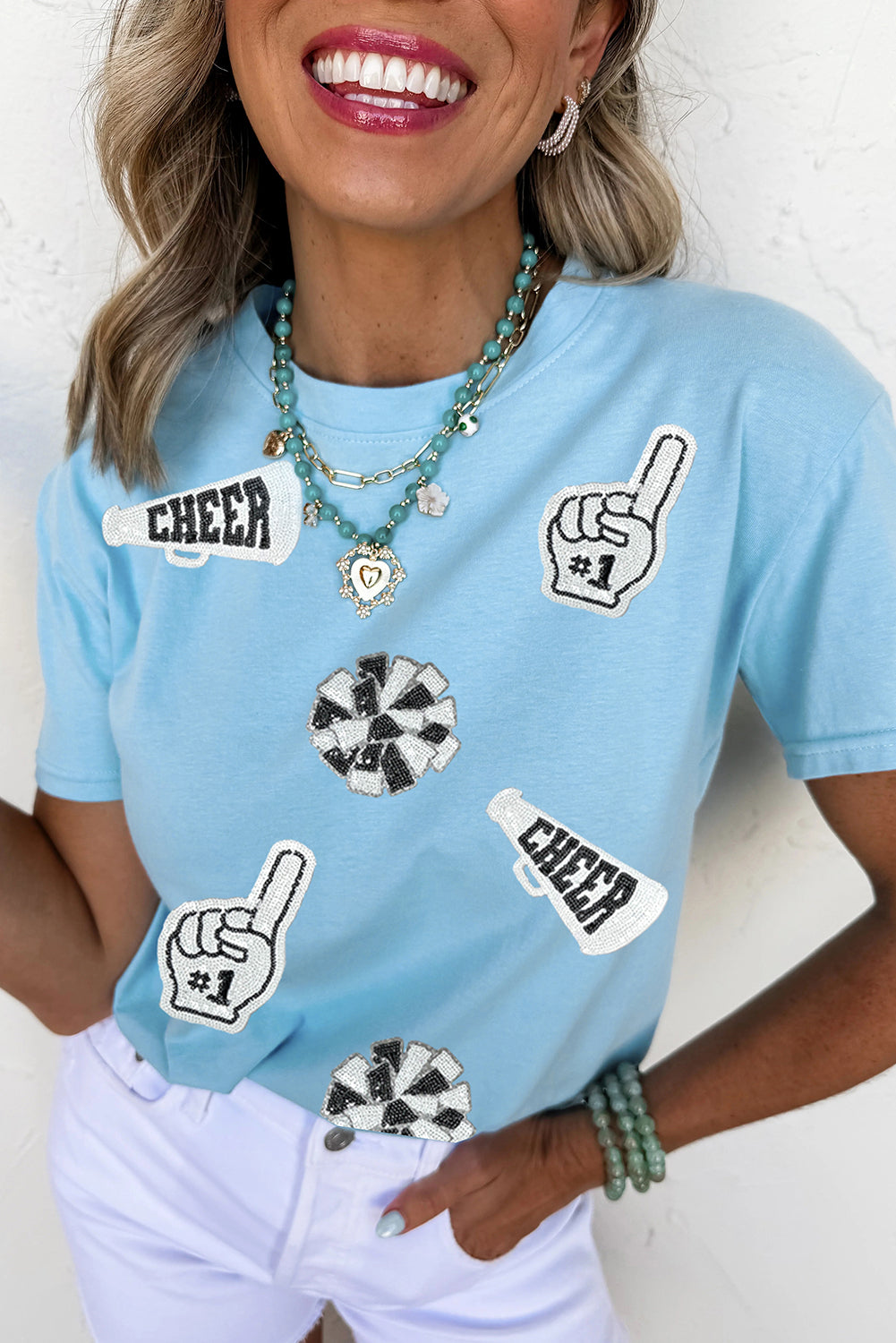 Light Blue Cheer Game Day Element Sequin Patched T Shirt Graphic Tees f6de33a696809e6f