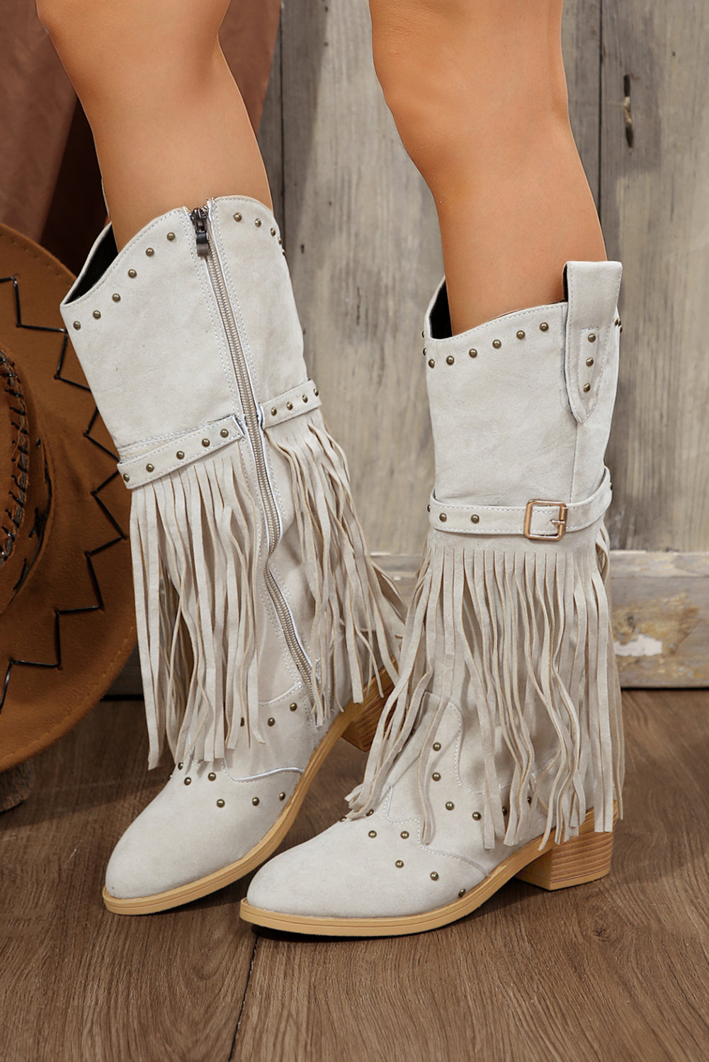 Jet Stream Faux Suede Studded Fringe Trim Heel Boots Boots f6f0bf2dc76de0c5