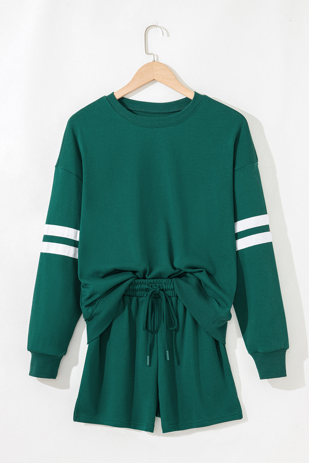 Evergreen Varsity Striped Sleeve Drop Shoulder Sweatshirt and Shorts Set Two Piece Shorts Sets f70d1a13c99c2523