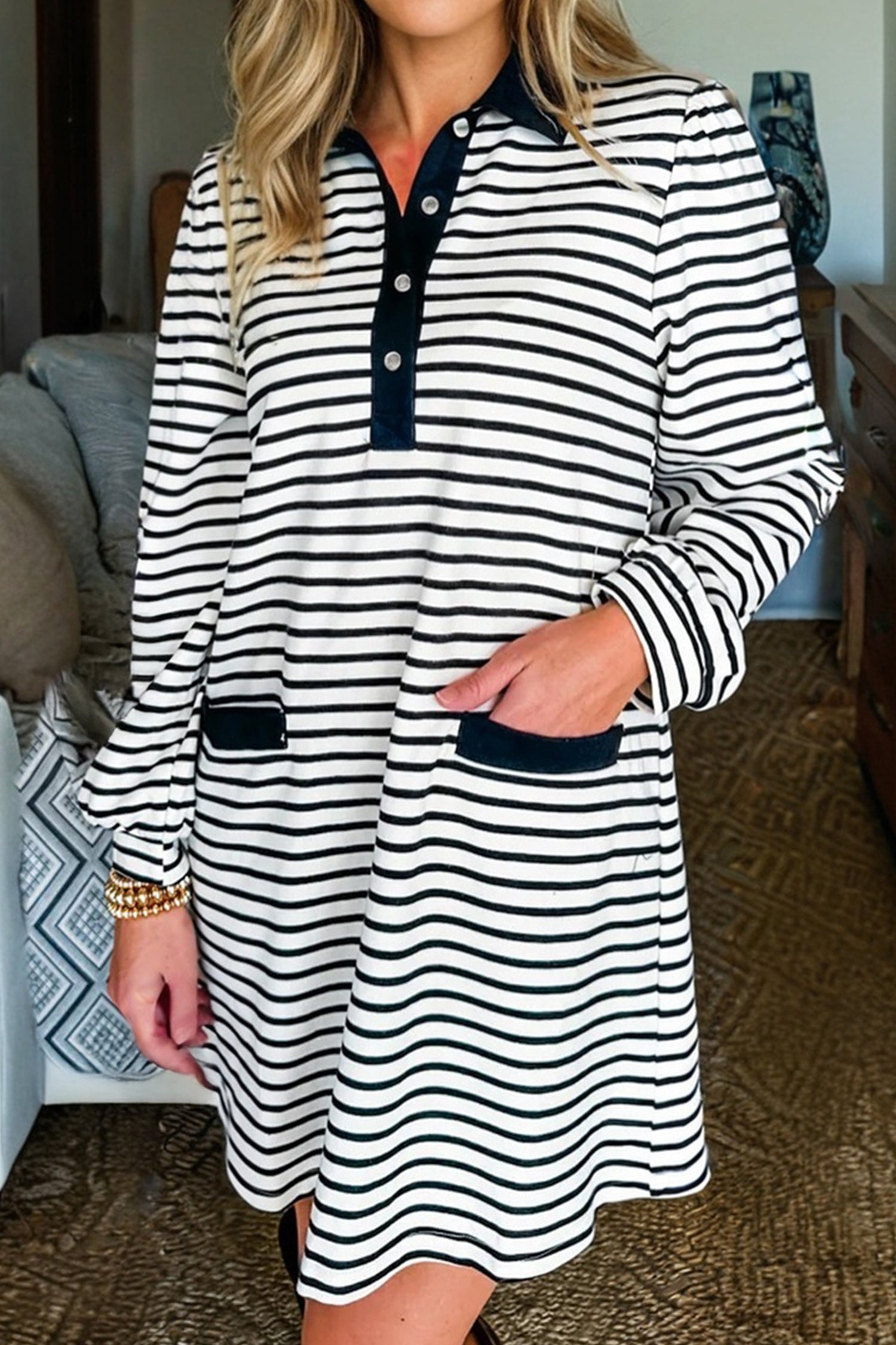 White Stripe Buttoned Front Collared Long Sleeve T Shirt Dress with Pockets Mini Dresses f7d542a0d5f19f90