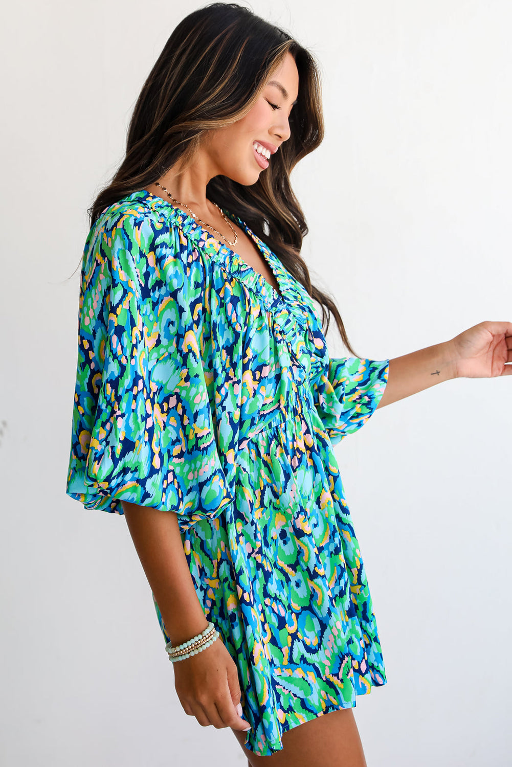 Green Abstract Print Batwing Sleeve V Neck High Waist Romper Rompers f7e1e7d1e99c1e49