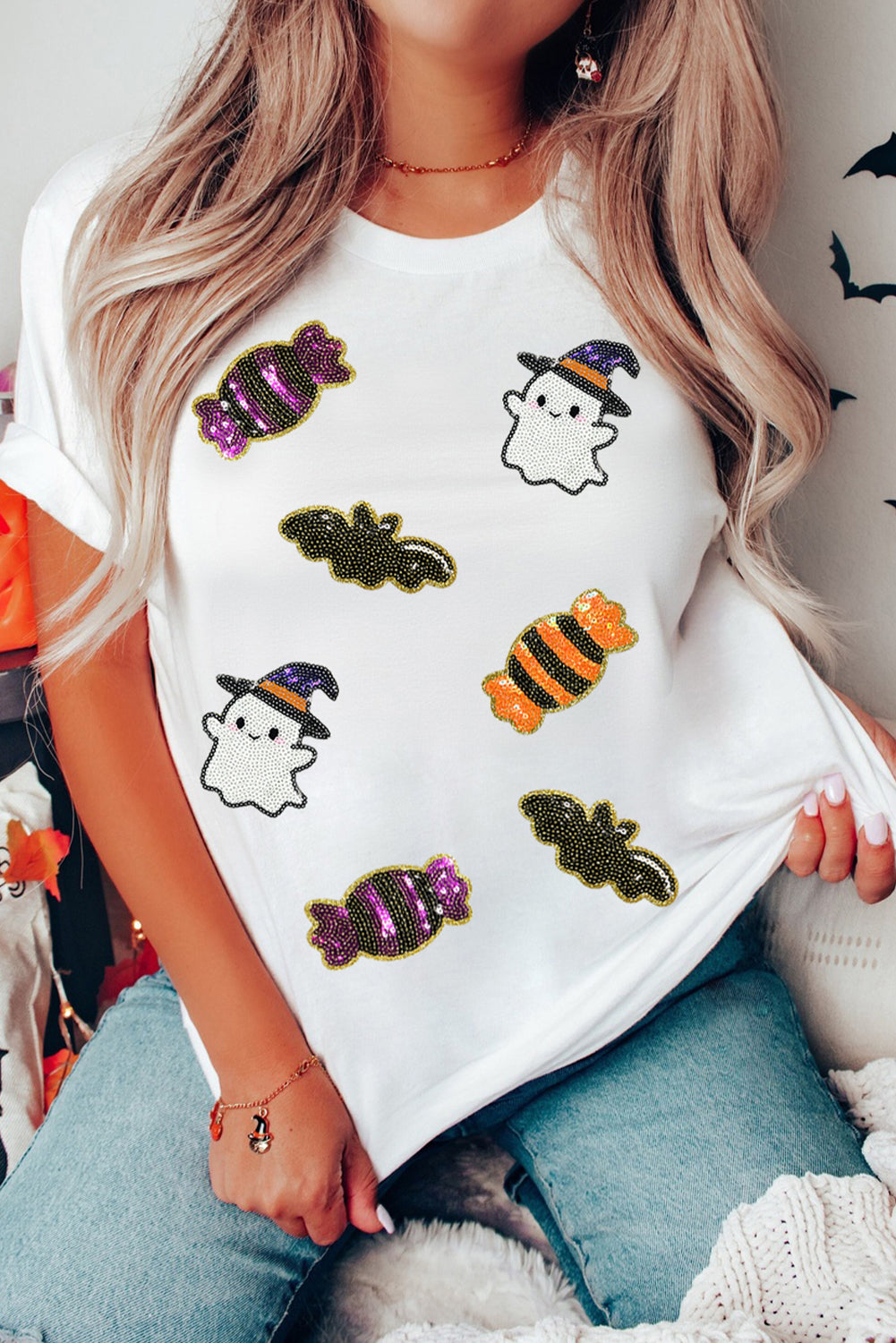 White Sequined Halloween Spirit Pattern Patched Custom Casual Tee Graphic Tees f7fab353c3f876c0