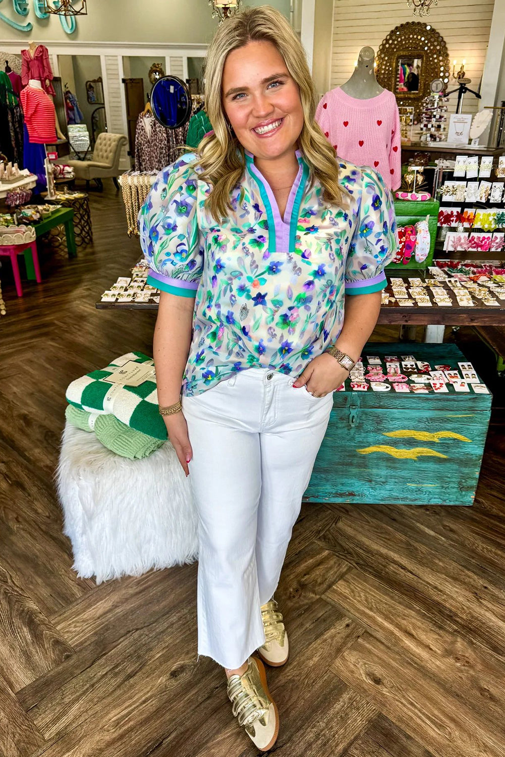 Green Floral Print Pop of Color Split Neck Puff Sleeve Plus Size Blouse Plus Size Tops f80f21802eefadf7