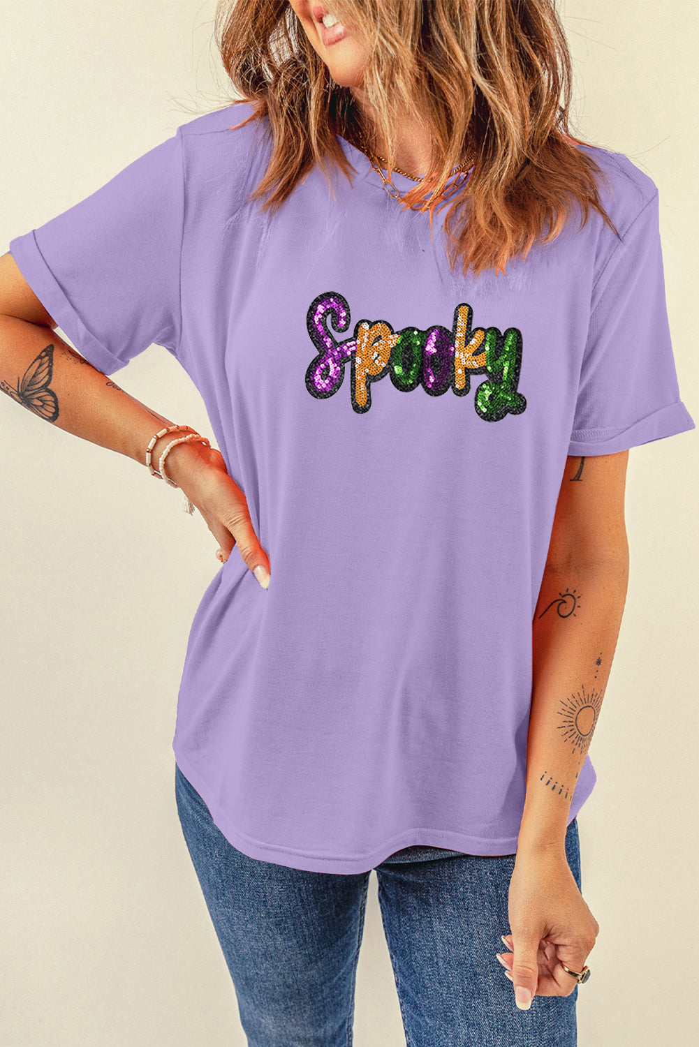 Wisteria Spooky Sequin Letter Patched Cotton Blend T Shirt Graphic Tees f84f00c806348bb2