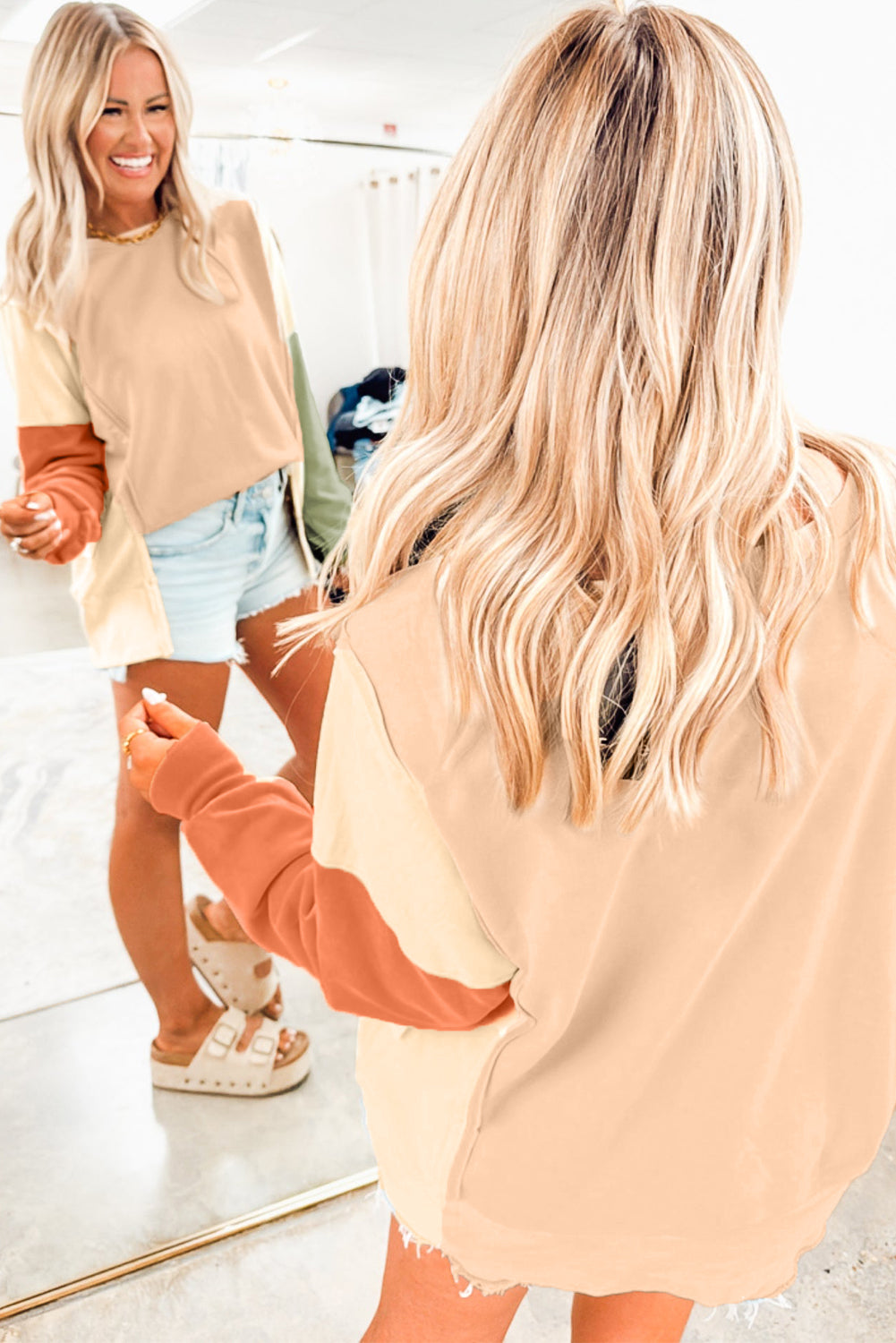 Beige Colorblock Patchwork Split Hem Casual Sweatshirt Sweatshirts & Hoodies f89f36554a5ecd9c