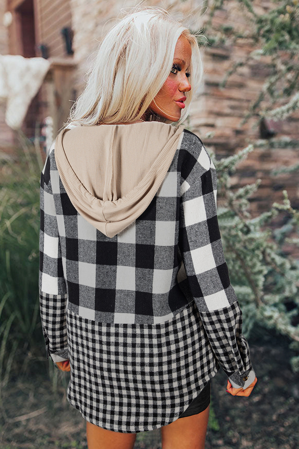 Black Plaid Patchwork Drawstring Hooded Raw Hem Shacket Jackets f8d3349cbc510792