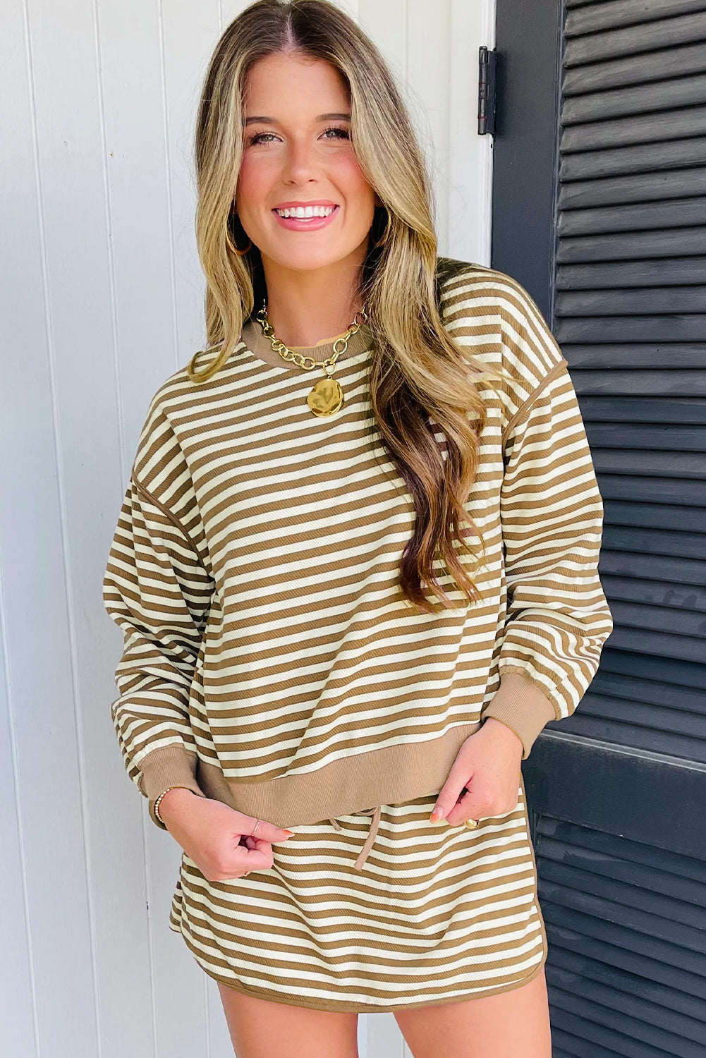 Brown Stripe Textured Drop Shoulder Pullover Top Drawstring Mini Skirt Two Piece Dress Set Two Piece Skirt Sets f90ab39f43cb8cf3