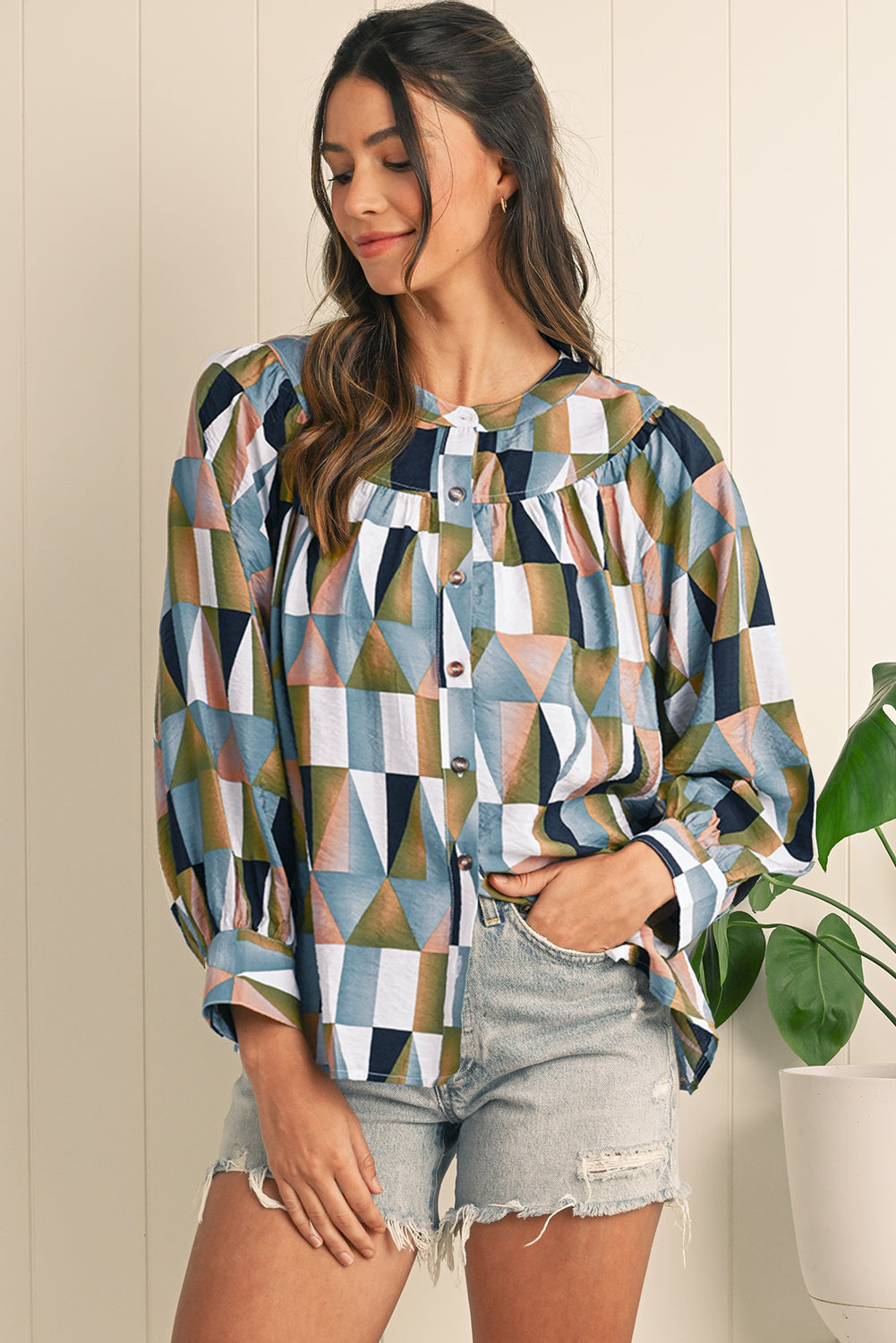 Green Geometric Print Button Balloon Sleeve Loose Fit Shirt Blouses f9657afd894cb8b9